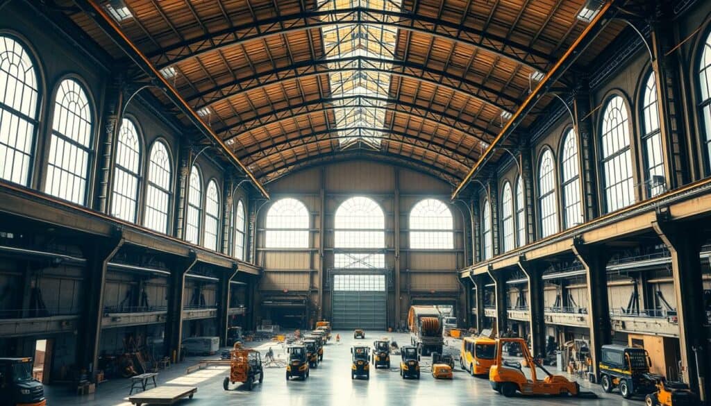 A vast industrial hall with imposing round arched windows, bathed in warm, natural lighting. The interior is filled with intricate machinery and equipment, hinting at the productive capabilities within. Towering steel support columns and exposed beams create a sense of industrial elegance, while the polished concrete floor reflects the active workflow. The middle ground is occupied by various industrial vehicles and workstations, showcasing the versatility of this round-arched hall. In the background, a glimpse of the exterior reveals the building's distinctive architectural style, blending seamlessly with the surrounding urban landscape. An atmosphere of efficiency, innovation, and pride in craftsmanship permeates the scene. A vast industrial hall with imposing round arched windows, bathed in warm, natural lighting. The interior is filled with intricate machinery and equipment, hinting at the productive capabilities within. Towering steel support columns and exposed beams create a sense of industrial elegance, while the polished concrete floor reflects the active workflow. The middle ground is occupied by various industrial vehicles and workstations, showcasing the versatility of this round-arched hall. In the background, a glimpse of the exterior reveals the building's distinctive architectural style, blending seamlessly with the surrounding urban landscape. An atmosphere of efficiency, innovation, and pride in craftsmanship permeates the scene.