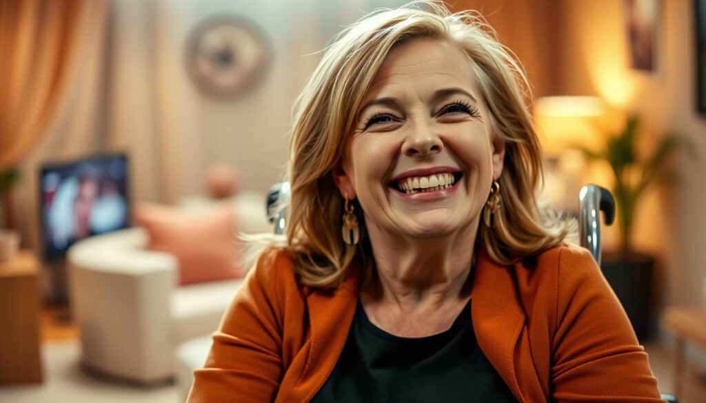 A vivid and dynamic scene of Hella von Sinnen in her wheelchair, captured in a candid moment of mischievous laughter. The foreground showcases her expressive face, eyes sparkling with a playful, almost mischievous expression. The middle ground features her wheelchair, the sleek design and chrome accents adding a touch of modernity. The background is a blurred, warm-toned setting, suggesting a cozy, intimate space, perhaps a television studio or a private residence, hinting at the scandals and TV appearances that have defined her career. Soft, directional lighting casts gentle shadows, creating a sense of depth and dimension. The overall mood is one of levity and charisma, capturing the essence of Hella von Sinnen's vibrant personality. A vivid and dynamic scene of Hella von Sinnen in her wheelchair, captured in a candid moment of mischievous laughter. The foreground showcases her expressive face, eyes sparkling with a playful, almost mischievous expression. The middle ground features her wheelchair, the sleek design and chrome accents adding a touch of modernity. The background is a blurred, warm-toned setting, suggesting a cozy, intimate space, perhaps a television studio or a private residence, hinting at the scandals and TV appearances that have defined her career. Soft, directional lighting casts gentle shadows, creating a sense of depth and dimension. The overall mood is one of levity and charisma, capturing the essence of Hella von Sinnen's vibrant personality.