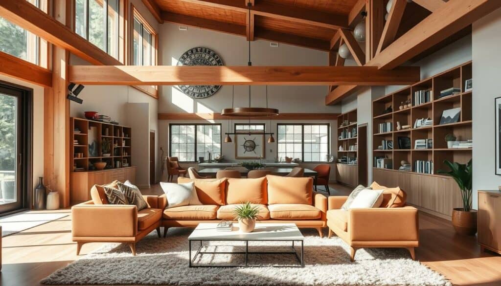 A warm, cozy interior showcasing a passion for design and architecture. In the foreground, a stylish mid-century modern sofa in earthy tones sits atop a plush area rug. Decorative throw pillows and a sleek, minimalist coffee table complete the scene. The middle ground features large windows that flood the space with soft, natural light, highlighting the clean lines and organic materials used throughout. In the background, various architectural elements like exposed beams, high ceilings, and a wall of built-in bookshelves create a harmonious and inviting atmosphere. An air of sophistication and thoughtful curation permeates the room, reflecting the owners' shared love for design.
