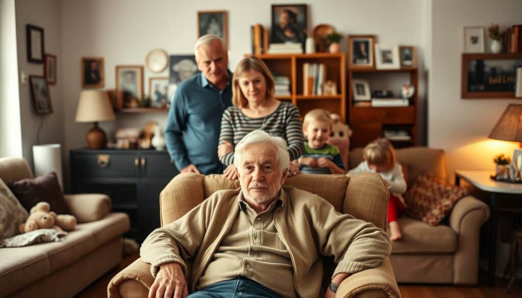 A warm, family gathering in a cozy living room. In the foreground, Dieter Bohlen, the renowned German musician, sits comfortably in an armchair, surrounded by his family. His wife, Estefania Heidemanns, stands behind him, lovingly embracing him. Their children play and interact in the middle ground, capturing the essence of a vibrant, close-knit household. The background is filled with personal mementos, photographs, and subtle hints of the family's history and shared experiences. Soft, diffused lighting creates a inviting, intimate atmosphere, highlighting the familial bonds and the sense of belonging that permeates the scene. A warm, family gathering in a cozy living room. In the foreground, Dieter Bohlen, the renowned German musician, sits comfortably in an armchair, surrounded by his family. His wife, Estefania Heidemanns, stands behind him, lovingly embracing him. Their children play and interact in the middle ground, capturing the essence of a vibrant, close-knit household. The background is filled with personal mementos, photographs, and subtle hints of the family's history and shared experiences. Soft, diffused lighting creates a inviting, intimate atmosphere, highlighting the familial bonds and the sense of belonging that permeates the scene.