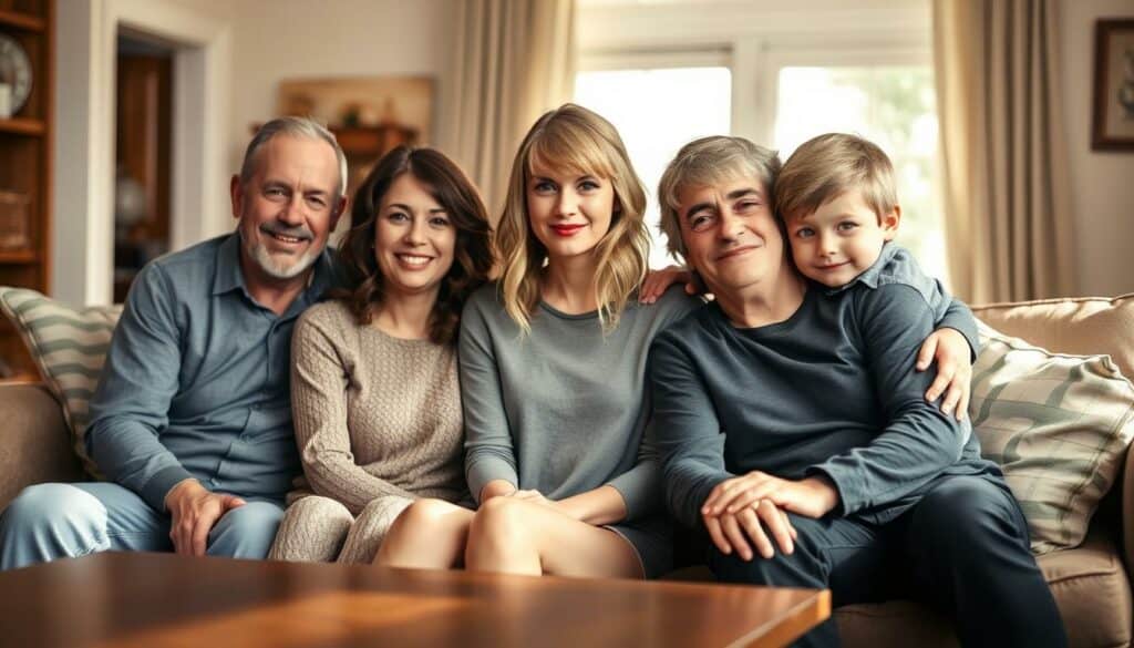 A warm, intimate family portrait of Taylor Swift with her parents and younger brother. The scene is set in a cozy, sun-drenched living room, with the family gathered around a wooden coffee table. Taylor sits in the middle, her parents on either side, and her brother perched on the arm of the sofa, leaning in close. Everyone is dressed casually, their expressions relaxed and natural. The lighting is soft, flattering, and inviting, casting a gentle glow on their faces. The background is blurred, keeping the focus on the close-knit family. This image conveys the strong familial bonds and loving support that have shaped Taylor Swift's life and career.