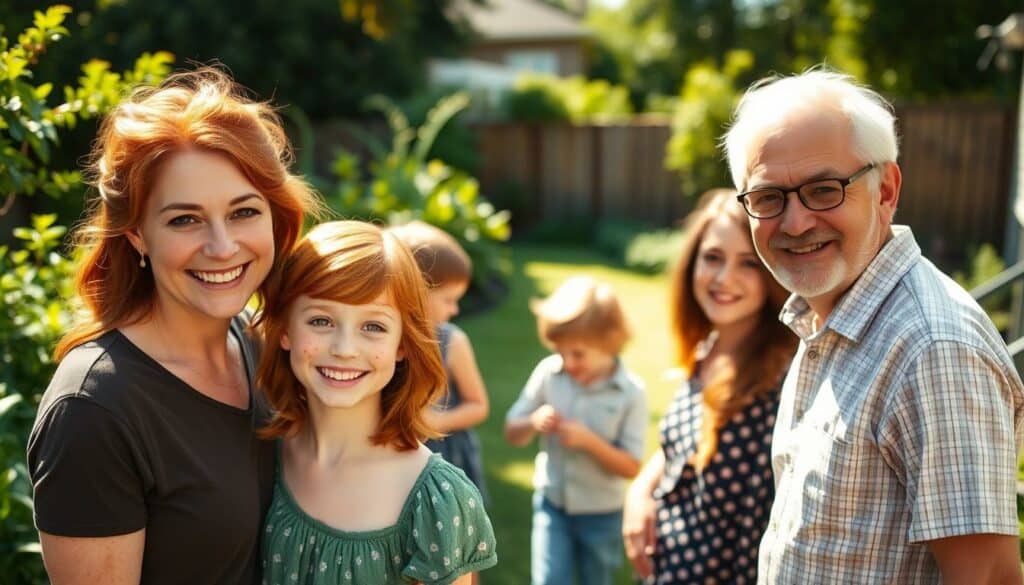A warm, sun-dappled family portrait of a young Emma Stone with her parents and siblings, surrounded by the lush greenery of their family home's backyard. The foreground features Emma, her bright red hair and freckled face radiating a cheerful smile as she stands between her doting parents. In the middle ground, her siblings are engaged in a playful interaction, their bond and camaraderie palpable. The background showcases the inviting, well-tended garden, with a wooden fence and a glimpse of the family's cozy home beyond, conveying a sense of domestic bliss and Emma's grounded, nurturing upbringing. The scene is bathed in soft, golden light, creating a nostalgic, intimate atmosphere that evokes Emma's cherished childhood memories and familial roots. A warm, sun-dappled family portrait of a young Emma Stone with her parents and siblings, surrounded by the lush greenery of their family home's backyard. The foreground features Emma, her bright red hair and freckled face radiating a cheerful smile as she stands between her doting parents. In the middle ground, her siblings are engaged in a playful interaction, their bond and camaraderie palpable. The background showcases the inviting, well-tended garden, with a wooden fence and a glimpse of the family's cozy home beyond, conveying a sense of domestic bliss and Emma's grounded, nurturing upbringing. The scene is bathed in soft, golden light, creating a nostalgic, intimate atmosphere that evokes Emma's cherished childhood memories and familial roots.