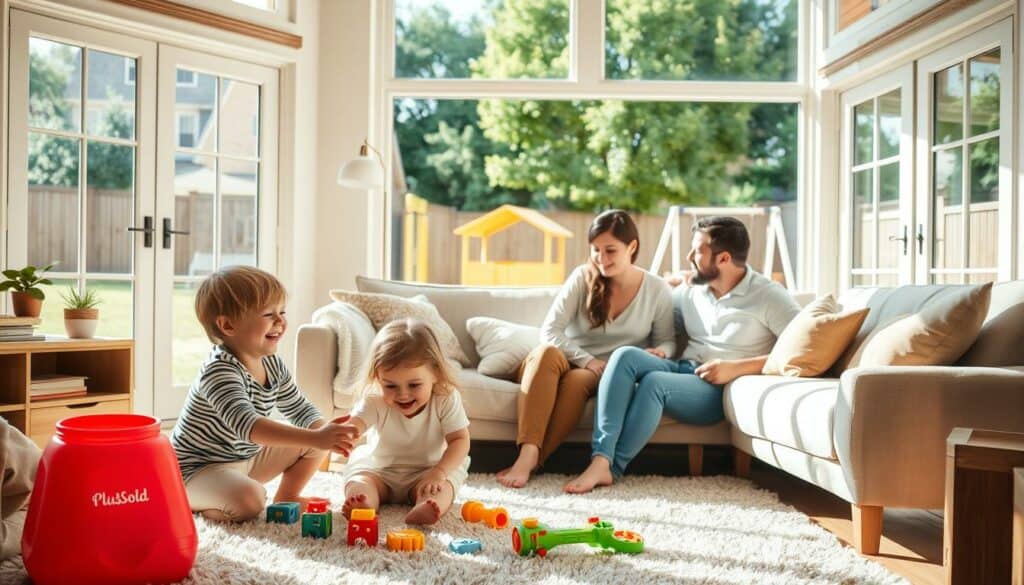 A warm, sun-dappled living room, filled with the laughter and energy of a loving family. In the foreground, a young boy and girl play together on a plush rug, surrounded by colorful toys. In the middle ground, a mother and father sit on a comfortable couch, engaged in a tender conversation, their faces alight with joy. Through the large windows, the backyard can be seen, where a playhouse and swingset stand against a backdrop of lush greenery. The overall atmosphere is one of domestic bliss, capturing the essence of everyday family life. A warm, sun-dappled living room, filled with the laughter and energy of a loving family. In the foreground, a young boy and girl play together on a plush rug, surrounded by colorful toys. In the middle ground, a mother and father sit on a comfortable couch, engaged in a tender conversation, their faces alight with joy. Through the large windows, the backyard can be seen, where a playhouse and swingset stand against a backdrop of lush greenery. The overall atmosphere is one of domestic bliss, capturing the essence of everyday family life.
