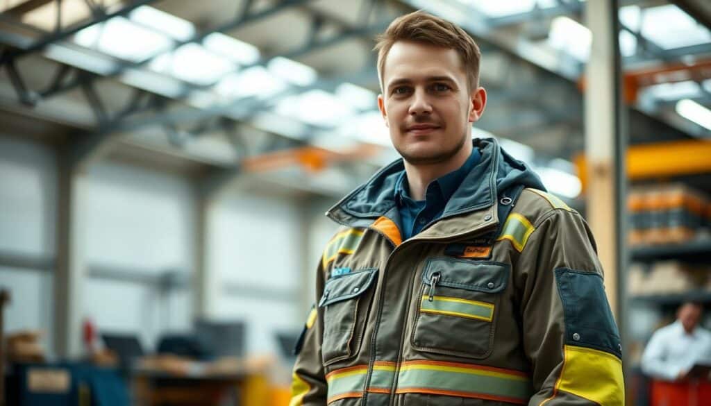 A well-equipped worker, standing proudly in a warehouse or workshop setting, wearing high-quality, durable workwear that protects them from hazards. The clothing features reinforced panels, reflective accents, and specialized pockets for essential tools. Soft, diffused lighting illuminates the scene, emphasizing the craftsmanship and attention to detail in the garments. The worker's expression conveys a sense of professionalism and the importance of safety in their role. The background is slightly blurred, keeping the focus on the worker and their protective, functional attire. A well-equipped worker, standing proudly in a warehouse or workshop setting, wearing high-quality, durable workwear that protects them from hazards. The clothing features reinforced panels, reflective accents, and specialized pockets for essential tools. Soft, diffused lighting illuminates the scene, emphasizing the craftsmanship and attention to detail in the garments. The worker's expression conveys a sense of professionalism and the importance of safety in their role. The background is slightly blurred, keeping the focus on the worker and their protective, functional attire.