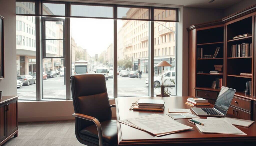 A well-lit, formal office interior with a wooden desk and chair, a bookshelf, and a large window overlooking a bustling city street. On the desk, various legal documents and a laptop computer suggest the diligent work of a business owner. Warm, muted tones create a professional atmosphere, while subtle hints of the outside world beyond the window allude to the broader context of legal obligations for entrepreneurs. The scene conveys a sense of responsibility and attention to detail, capturing the essence of the "Wichtige Themen für Gewerbetreibende" section. A well-lit, formal office interior with a wooden desk and chair, a bookshelf, and a large window overlooking a bustling city street. On the desk, various legal documents and a laptop computer suggest the diligent work of a business owner. Warm, muted tones create a professional atmosphere, while subtle hints of the outside world beyond the window allude to the broader context of legal obligations for entrepreneurs. The scene conveys a sense of responsibility and attention to detail, capturing the essence of the "Wichtige Themen für Gewerbetreibende" section.
