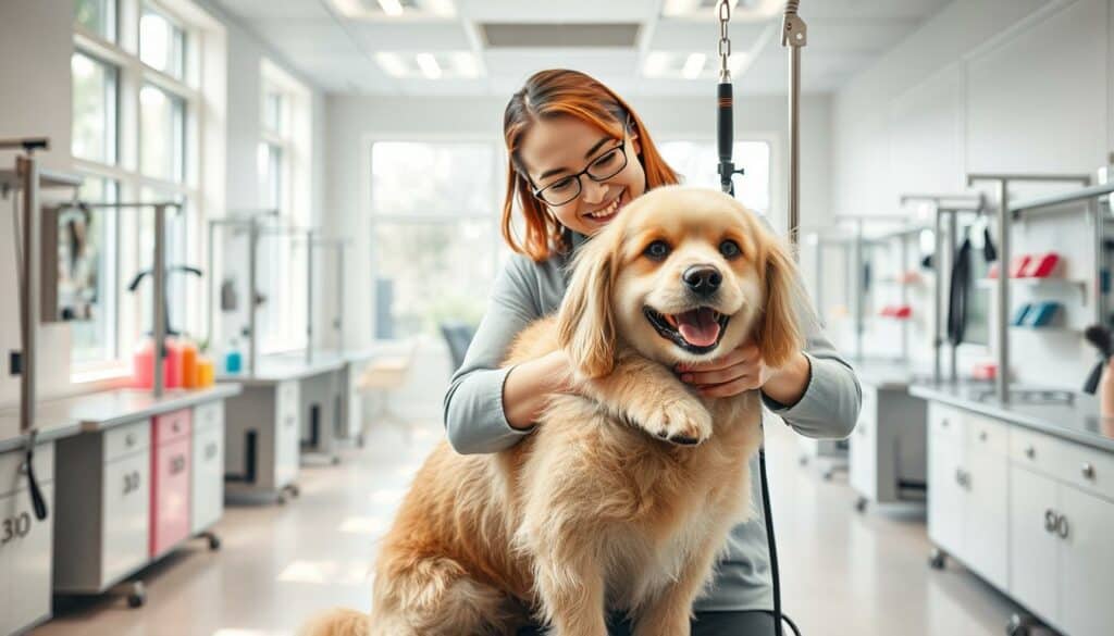 A well-lit, pristine dog grooming salon interior with high-quality equipment and clean, organized workstations. In the foreground, a friendly, professional groomer carefully trimming and brushing a fluffy, content canine client. The middle ground features rows of neatly arranged shampoos, brushes, and grooming tools, conveying a sense of attentive care and hygiene. The background showcases large windows allowing natural light to flood the space, creating a calming, welcoming atmosphere. The overall scene exudes an ambiance of expertise, cleanliness, and a deep respect for the health and comfort of the pets. A well-lit, pristine dog grooming salon interior with high-quality equipment and clean, organized workstations. In the foreground, a friendly, professional groomer carefully trimming and brushing a fluffy, content canine client. The middle ground features rows of neatly arranged shampoos, brushes, and grooming tools, conveying a sense of attentive care and hygiene. The background showcases large windows allowing natural light to flood the space, creating a calming, welcoming atmosphere. The overall scene exudes an ambiance of expertise, cleanliness, and a deep respect for the health and comfort of the pets.