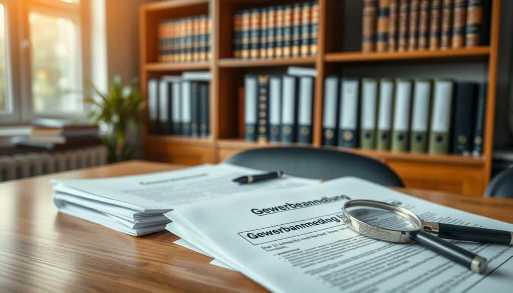A well-organized office scene showcasing various "Gewerbeanmeldung Unterlagen" documents. In the foreground, a wooden desk displays a stack of official-looking forms, pens, and a magnifying glass, suggesting attention to detail. The middle ground features a bookshelf filled with binders and legal volumes, casting a warm, authoritative atmosphere. The background subtly blurs, drawing focus to the central elements. Soft, directional lighting from a window highlights the paperwork, creating a sense of professionalism and organization. The overall mood is one of diligence and efficiency, reflecting the administrative process of business registration. A well-organized office scene showcasing various "Gewerbeanmeldung Unterlagen" documents. In the foreground, a wooden desk displays a stack of official-looking forms, pens, and a magnifying glass, suggesting attention to detail. The middle ground features a bookshelf filled with binders and legal volumes, casting a warm, authoritative atmosphere. The background subtly blurs, drawing focus to the central elements. Soft, directional lighting from a window highlights the paperwork, creating a sense of professionalism and organization. The overall mood is one of diligence and efficiency, reflecting the administrative process of business registration.