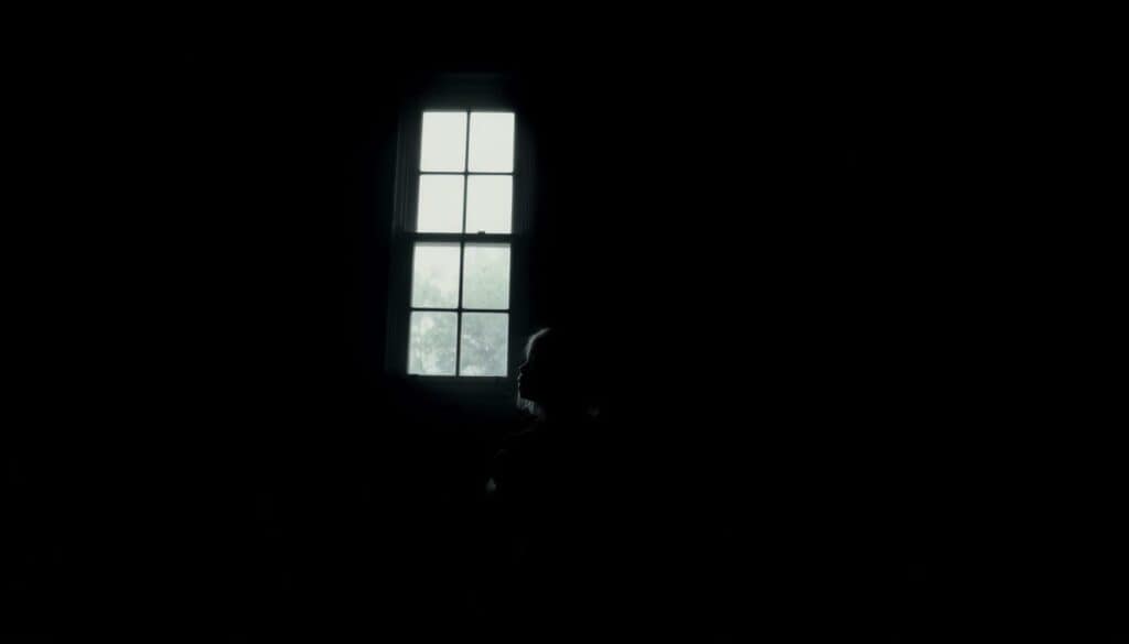 A young child, Rose Bundy, sits alone in a dimly lit room, her face cast in shadows. The sparse, monochromatic surroundings evoke a sense of isolation and detachment. A single window allows a faint beam of light to penetrate the gloom, highlighting her pensive expression as she gazes outward, searching for connection and normalcy. The atmosphere is heavy with melancholy, reflecting the stigma and challenges she faces during her formative years. Soft, diffused lighting casts a somber tone, while a shallow depth of field focuses the viewer's attention on the solitary figure, conveying the weight of her experiences.