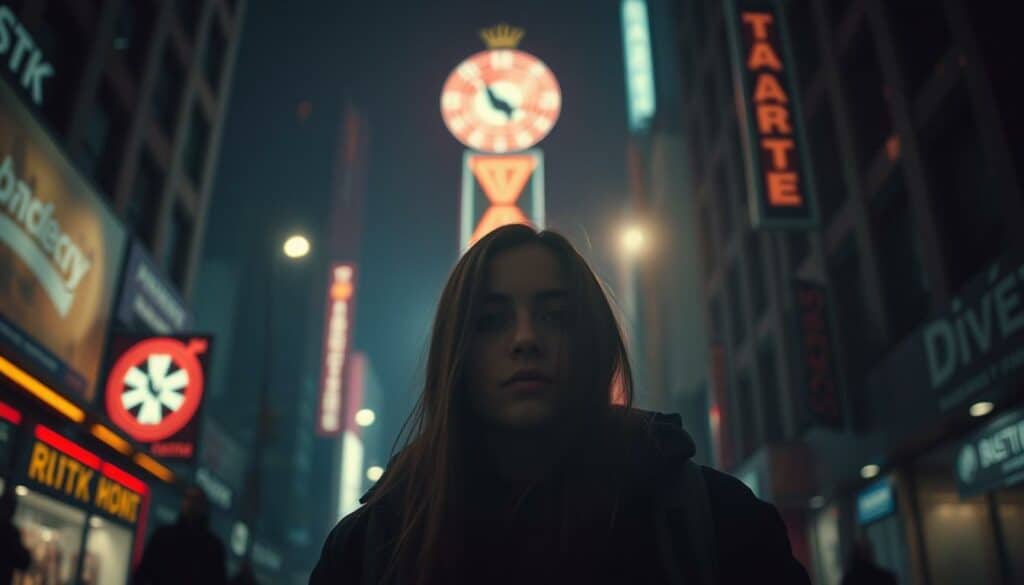 A young woman, Marisa, stands in the dimly lit shadows of a bustling city. The harsh glare of neon signs and streetlights cast a moody, atmospheric glow, creating a sense of unease and isolation. Marisa's face is partially obscured, hinting at the challenges she faces in growing up in the public eye, overshadowed by the spotlight on her famous family. The scene is shot with a cinematic, low-angle perspective, emphasizing the towering buildings and the weight of the urban environment pressing down on her. A sense of melancholy and introspection pervades the image, capturing the essence of "Aufwachsen im Schatten des Rampenlichts." A young woman, Marisa, stands in the dimly lit shadows of a bustling city. The harsh glare of neon signs and streetlights cast a moody, atmospheric glow, creating a sense of unease and isolation. Marisa's face is partially obscured, hinting at the challenges she faces in growing up in the public eye, overshadowed by the spotlight on her famous family. The scene is shot with a cinematic, low-angle perspective, emphasizing the towering buildings and the weight of the urban environment pressing down on her. A sense of melancholy and introspection pervades the image, capturing the essence of "Aufwachsen im Schatten des Rampenlichts."