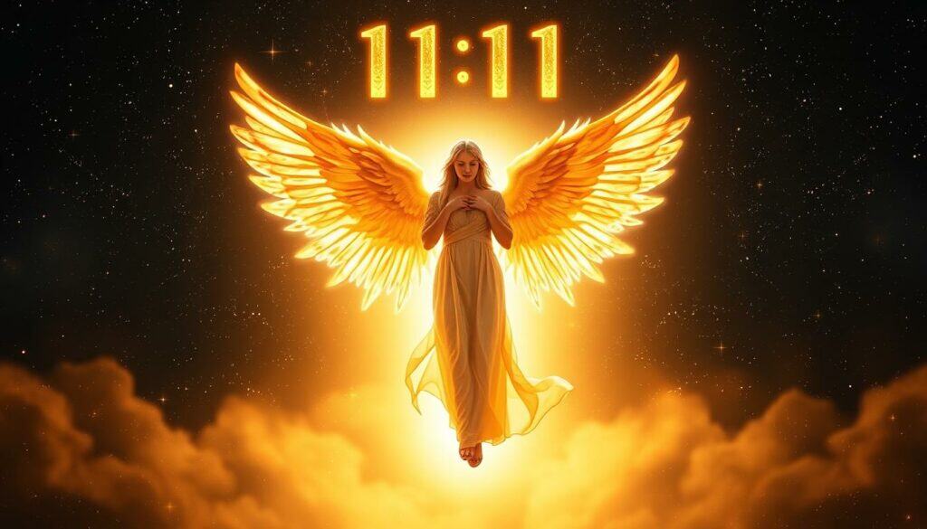 An ethereal angel, wings outstretched, hovers before a luminous portal, emanating a serene and transcendent energy. The figure is bathed in a warm, golden glow, symbolizing the divine connection and spiritual significance of the number 11:11. In the background, a constellation of stars and celestial motifs creates a sense of cosmic wonder, hinting at the deeper mystical meanings associated with this numerical sequence. The composition is balanced and harmonious, inviting the viewer to meditate on the sacred nature of this powerful numerical symbol. An ethereal angel, wings outstretched, hovers before a luminous portal, emanating a serene and transcendent energy. The figure is bathed in a warm, golden glow, symbolizing the divine connection and spiritual significance of the number 11:11. In the background, a constellation of stars and celestial motifs creates a sense of cosmic wonder, hinting at the deeper mystical meanings associated with this numerical sequence. The composition is balanced and harmonious, inviting the viewer to meditate on the sacred nature of this powerful numerical symbol.