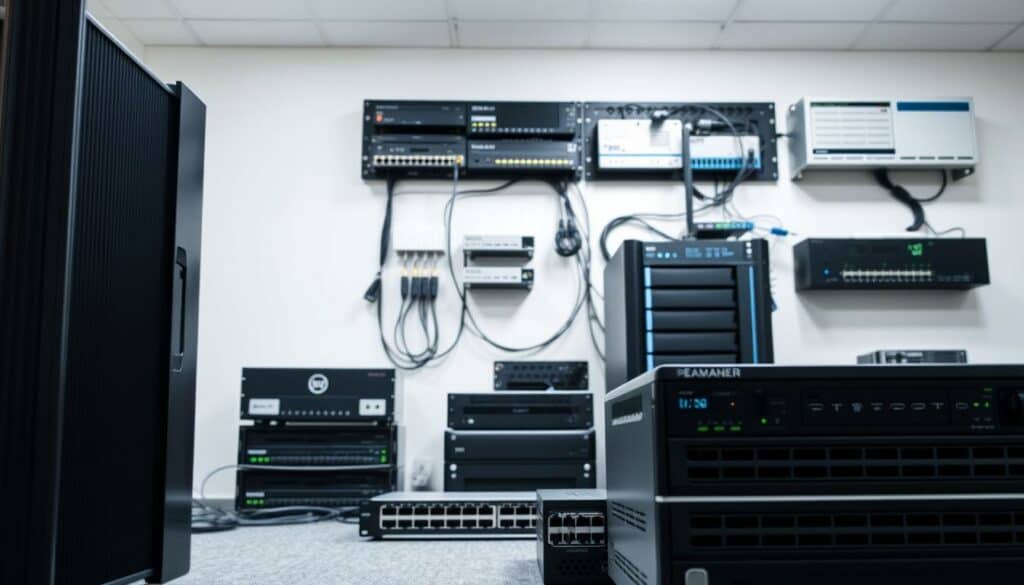 Detailed IT infrastructure components arranged in a well-lit, clean and organized office setting. Prominently displayed in the foreground are a high-performance server, a sleek desktop computer, and a modern network switch. In the middle ground, a structured cabling system, a backup storage device, and a rack-mounted UPS unit can be seen. The background features a wall-mounted network rack housing various routers, firewalls, and wireless access points. The lighting is bright and even, creating a professional and technologically advanced atmosphere. The components are captured from a slightly elevated angle, conveying a sense of comprehensiveness and attention to detail. Detailed IT infrastructure components arranged in a well-lit, clean and organized office setting. Prominently displayed in the foreground are a high-performance server, a sleek desktop computer, and a modern network switch. In the middle ground, a structured cabling system, a backup storage device, and a rack-mounted UPS unit can be seen. The background features a wall-mounted network rack housing various routers, firewalls, and wireless access points. The lighting is bright and even, creating a professional and technologically advanced atmosphere. The components are captured from a slightly elevated angle, conveying a sense of comprehensiveness and attention to detail.