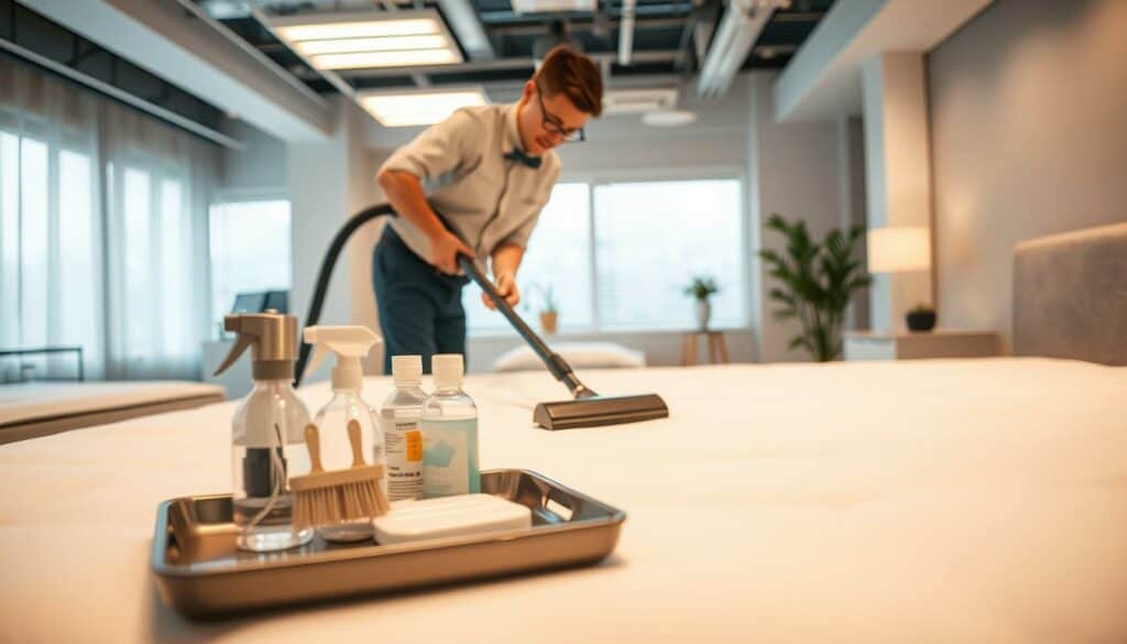Detailed interior scene of a professional mattress cleaning process. In the foreground, a technician in a crisp uniform carefully vacuums the surface of a pristine white mattress, using specialized tools. In the middle ground, various cleaning solutions and brushes are neatly arranged on a tray, ready for use. The background depicts a well-lit, sterile workspace with minimalist decor, conveying a sense of efficiency and expertise. Warm, diffused lighting from overhead fixtures creates a calming, professional atmosphere. The camera angle is slightly elevated, providing a comprehensive view of the methodical cleaning procedure.