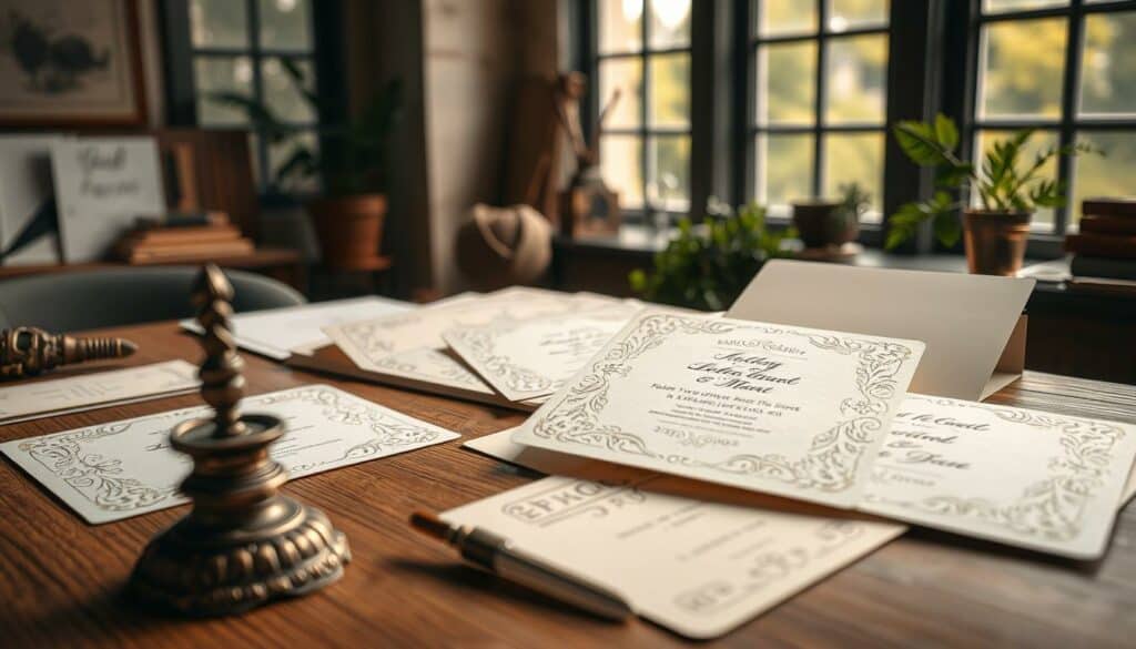 Detailed, sophisticated stationery design on a wooden desk. Delicate, handcrafted invitations in soft pastel colors. Intricate floral patterns, elegant calligraphy, and subtle embossed textures. Vintage inkwell, quill, and other artisanal tools in the foreground. Warm, natural lighting filters through large windows, casting a gentle glow. Minimalist background with hints of greenery and neutral tones to highlight the craftsmanship. The scene exudes a sense of artistry, creativity, and attention to detail, perfectly capturing the essence of "Einladungskarten selbst gestalten". Detailed, sophisticated stationery design on a wooden desk. Delicate, handcrafted invitations in soft pastel colors. Intricate floral patterns, elegant calligraphy, and subtle embossed textures. Vintage inkwell, quill, and other artisanal tools in the foreground. Warm, natural lighting filters through large windows, casting a gentle glow. Minimalist background with hints of greenery and neutral tones to highlight the craftsmanship. The scene exudes a sense of artistry, creativity, and attention to detail, perfectly capturing the essence of "Einladungskarten selbst gestalten".