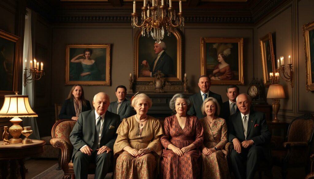 Elegant family portrait of the Lewe dynasty, set in a stately manor house. In the foreground, the matriarch and patriarch sit regally, surrounded by their children and grandchildren. Opulent furnishings, oil paintings, and chandeliers evoke old-world aristocracy. Soft, warm lighting casts a gentle glow, conveying a sense of multigenerational legacy and timeless tradition. The family's dignified poses and refined expressions reflect their proud lineage and influential status. An atmospheric scene that captures the essence of the Lewe family's distinguished history and social standing. Elegant family portrait of the Lewe dynasty, set in a stately manor house. In the foreground, the matriarch and patriarch sit regally, surrounded by their children and grandchildren. Opulent furnishings, oil paintings, and chandeliers evoke old-world aristocracy. Soft, warm lighting casts a gentle glow, conveying a sense of multigenerational legacy and timeless tradition. The family's dignified poses and refined expressions reflect their proud lineage and influential status. An atmospheric scene that captures the essence of the Lewe family's distinguished history and social standing.