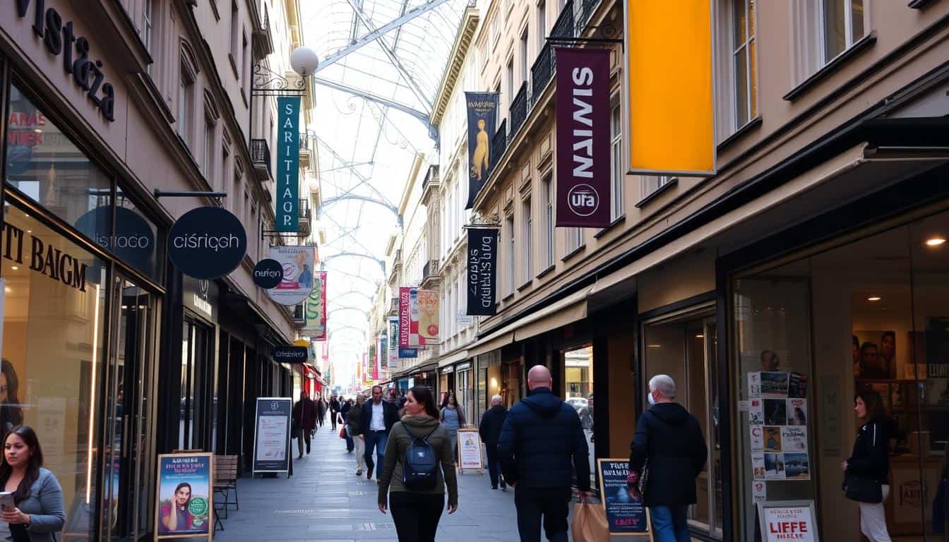 Geschäftsstraße in Wien mit vielen Geschäften und Firmen, die um Aufmerksamkeit konkurrieren