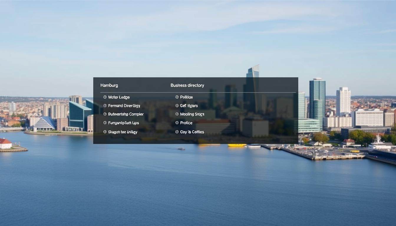 Hamburger Skyline mit Hafenblick und Firmenverzeichnis Hamburg Logo
