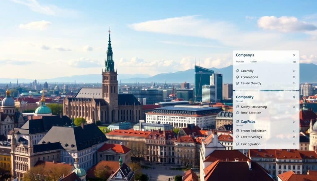 Münchner Skyline mit Firmenverzeichnis Overlay
