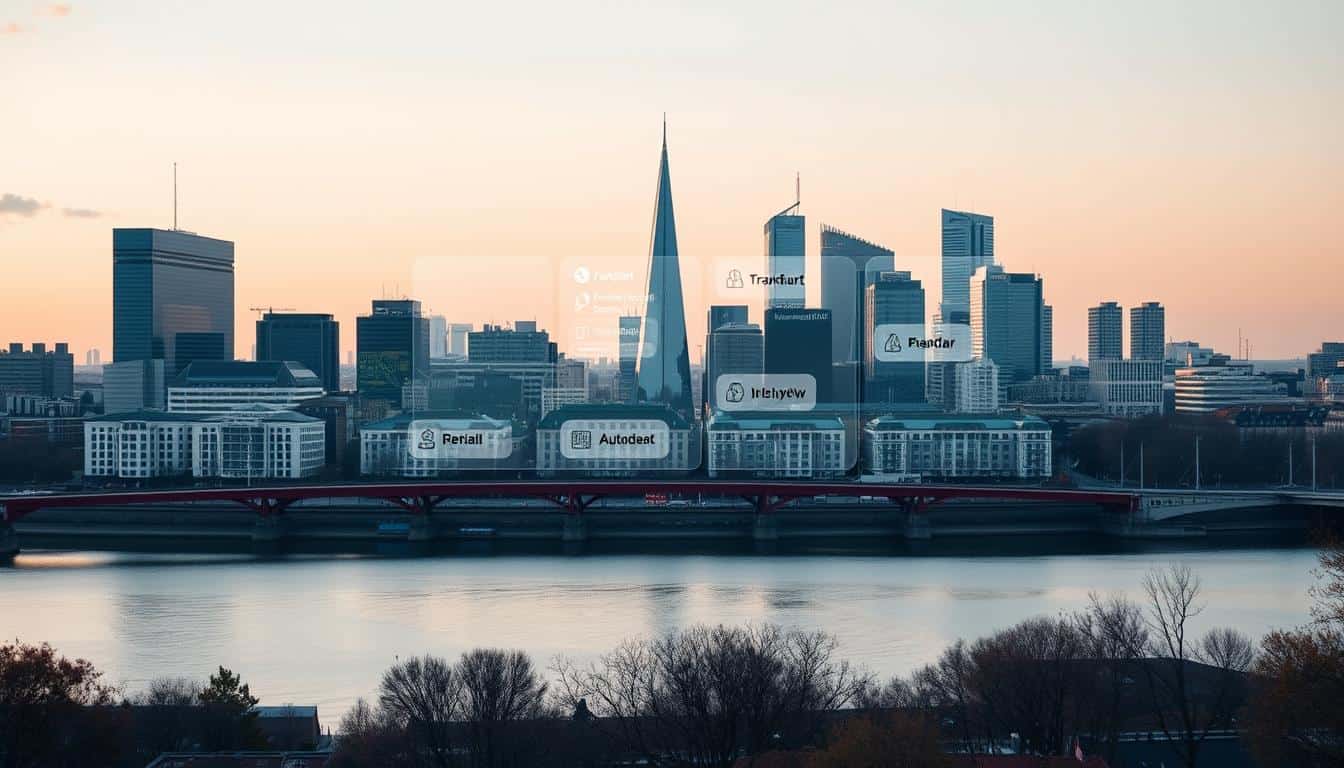 Skyline von Frankfurt mit Firmenverzeichnis-Interface von wermachtwas.online
