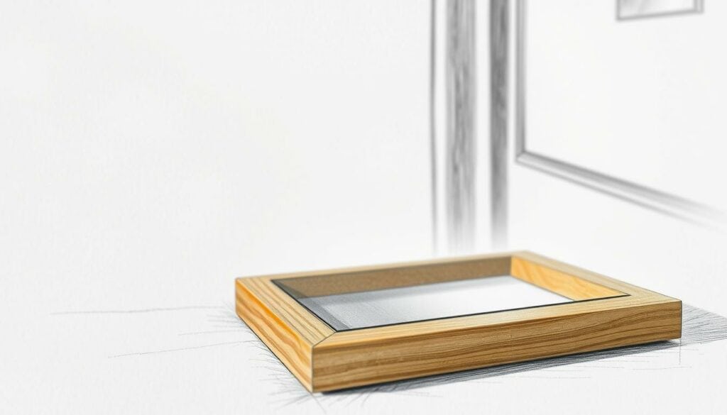 A beautifully crafted wooden picture frame, its surface rendered in a detailed pencil sketch with a subtle touch of color highlighting the intricate glazing. The frame stands in the foreground, casting a soft, warm shadow across the textured paper surface. In the background, a faint outline of a window or door frame provides a sense of depth and context, hinting at the larger space this delicate object inhabits. Carefully considered lighting casts gentle highlights and shadows, accentuating the craftsmanship and materiality of the frame. The overall mood is one of quiet elegance and attention to detail, befitting the specialized work of a skilled glazier. A beautifully crafted wooden picture frame, its surface rendered in a detailed pencil sketch with a subtle touch of color highlighting the intricate glazing. The frame stands in the foreground, casting a soft, warm shadow across the textured paper surface. In the background, a faint outline of a window or door frame provides a sense of depth and context, hinting at the larger space this delicate object inhabits. Carefully considered lighting casts gentle highlights and shadows, accentuating the craftsmanship and materiality of the frame. The overall mood is one of quiet elegance and attention to detail, befitting the specialized work of a skilled glazier.