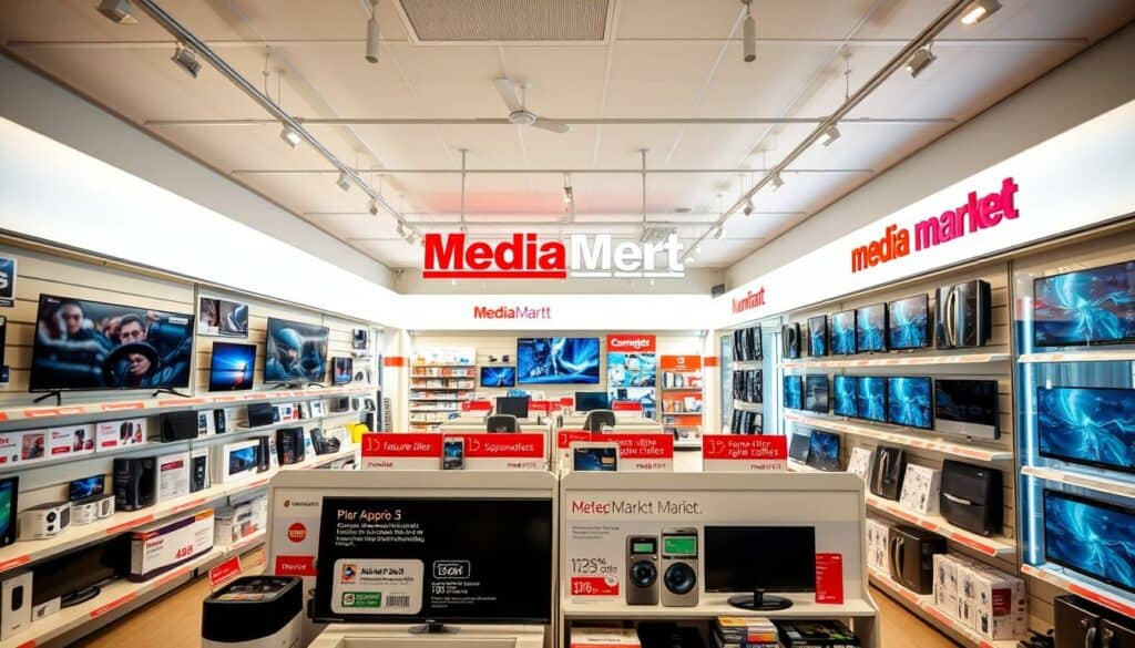 A bright, airy retail space with shelves showcasing the latest electronics and appliances from Media Markt. Warm, soft lighting illuminates the products, creating an inviting and visually appealing atmosphere. In the foreground, a carefully curated display of featured offers and promotional items tempts the shopper, while the middle ground features rows of televisions, smartphones, and other popular consumer electronics. The background features signage and branding elements that clearly identify this as a Media Markt store, conveying a sense of professionalism and quality. The overall scene evokes a sense of excitement and anticipation, encouraging the viewer to explore the store's diverse selection of products and special offers.
