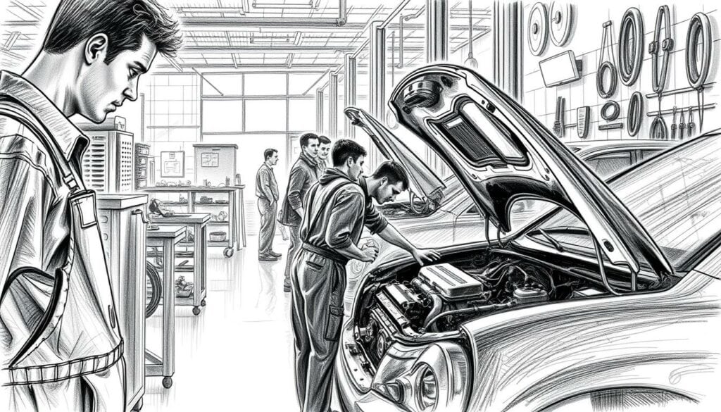 A bustling Autowerkstatt, its floor lined with tools and machinery, as mechanics in overalls deftly tend to the vehicles before them. Soft natural light filters through the windows, casting gentle shadows that accentuate the textures of the space. In the foreground, a worker leans over an engine, his face partially obscured in a pencil-sketch style, with a subtle hint of color highlighting the task at hand. In the middle ground, colleagues converse, their forms hinted at in the sketch-like rendering. The background reveals the broader workshop, filled with diagnostic equipment and spare parts, all rendered in a blend of pencil and muted tones, creating a sense of depth and atmosphere. A bustling Autowerkstatt, its floor lined with tools and machinery, as mechanics in overalls deftly tend to the vehicles before them. Soft natural light filters through the windows, casting gentle shadows that accentuate the textures of the space. In the foreground, a worker leans over an engine, his face partially obscured in a pencil-sketch style, with a subtle hint of color highlighting the task at hand. In the middle ground, colleagues converse, their forms hinted at in the sketch-like rendering. The background reveals the broader workshop, filled with diagnostic equipment and spare parts, all rendered in a blend of pencil and muted tones, creating a sense of depth and atmosphere.