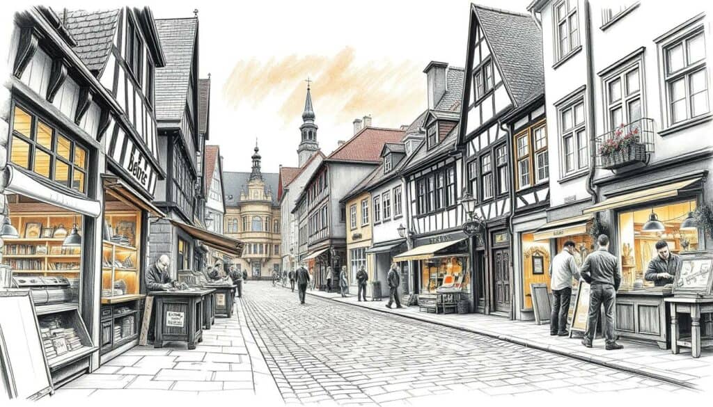 A bustling German cityscape, with skilled carpenters hard at work in their workshops, crafting bespoke furniture and restoring cherished pieces. The foreground features a cozy woodshop, its windows aglow with the warm light of traditional lamps, while the middle ground showcases a quaint cobblestone street lined with charming storefronts. In the background, the silhouettes of historic buildings rise, their facades rendered in soft pencil strokes, with the occasional vibrant splash of color highlighting architectural details. The scene captures the timeless essence of German craftsmanship, where the art of woodworking is deeply woven into the fabric of the urban landscape. A bustling German cityscape, with skilled carpenters hard at work in their workshops, crafting bespoke furniture and restoring cherished pieces. The foreground features a cozy woodshop, its windows aglow with the warm light of traditional lamps, while the middle ground showcases a quaint cobblestone street lined with charming storefronts. In the background, the silhouettes of historic buildings rise, their facades rendered in soft pencil strokes, with the occasional vibrant splash of color highlighting architectural details. The scene captures the timeless essence of German craftsmanship, where the art of woodworking is deeply woven into the fabric of the urban landscape.