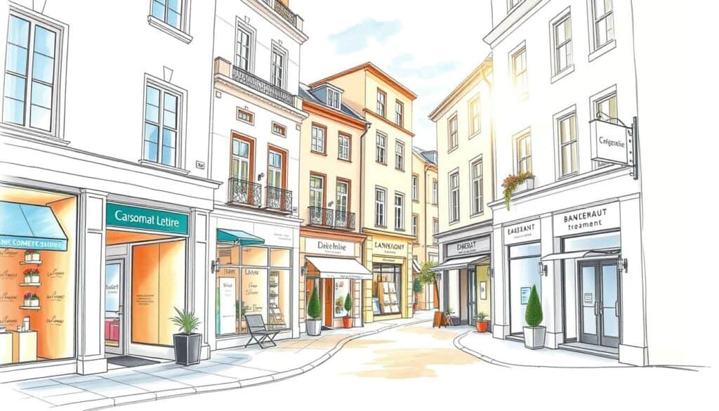 A charming cityscape featuring the top cosmetic studios in Kiel, captured in a delicate pencil sketch with subtle pops of color. The scene showcases a vibrant commercial district, with elegant facades, inviting entryways, and discreet signage hinting at the high-end beauty treatments within. Warm afternoon light filters through the streets, casting soft shadows and highlights that accentuate the architectural details. The overall atmosphere conveys a sense of refined sophistication, reflecting the caliber of the featured establishments. The image offers a tantalizing glimpse into the city's premier destinations for discerning beauty enthusiasts. A charming cityscape featuring the top cosmetic studios in Kiel, captured in a delicate pencil sketch with subtle pops of color. The scene showcases a vibrant commercial district, with elegant facades, inviting entryways, and discreet signage hinting at the high-end beauty treatments within. Warm afternoon light filters through the streets, casting soft shadows and highlights that accentuate the architectural details. The overall atmosphere conveys a sense of refined sophistication, reflecting the caliber of the featured establishments. The image offers a tantalizing glimpse into the city's premier destinations for discerning beauty enthusiasts.