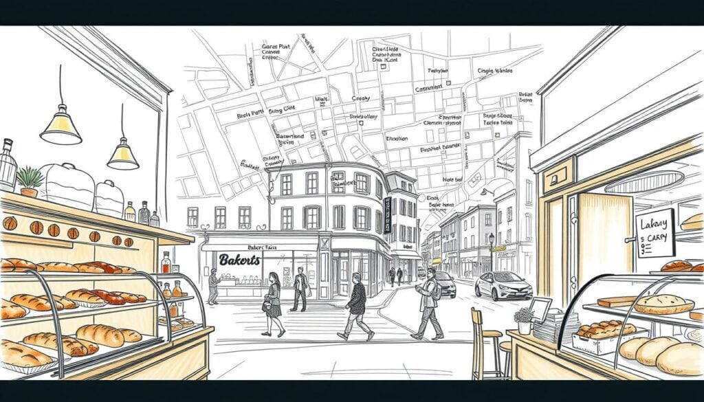A charming sketch of a bustling bakery chain, showcasing its various locations on a comprehensive overview map. The foreground features the warm, inviting interiors of a cozy bakeshop, with freshly baked pastries and breads displayed in the display cases. The middle ground captures the lively streetscape outside, with pedestrians and cars passing by. In the background, an intricately detailed map highlights the bakery's multiple branch locations, guiding customers to their nearest store. The entire scene is rendered in a delicate pencil sketch style, with soft hues and a touch of muted color accents, creating an inviting and visually engaging atmosphere. A charming sketch of a bustling bakery chain, showcasing its various locations on a comprehensive overview map. The foreground features the warm, inviting interiors of a cozy bakeshop, with freshly baked pastries and breads displayed in the display cases. The middle ground captures the lively streetscape outside, with pedestrians and cars passing by. In the background, an intricately detailed map highlights the bakery's multiple branch locations, guiding customers to their nearest store. The entire scene is rendered in a delicate pencil sketch style, with soft hues and a touch of muted color accents, creating an inviting and visually engaging atmosphere.