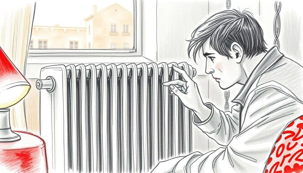 A cozy apartment interior, showcasing a malfunctioning heating system. The scene depicts a tenant diligently inspecting the radiator, brow furrowed in concern. Soft, warm lighting illuminates the space, casting gentle shadows that accentuate the detailed pencil sketch aesthetic. A subtle splash of color, perhaps a vibrant red accent, adds visual interest and conveys the urgency of the situation. The background blurs into a hazy, dreamlike quality, keeping the focus on the tenant's rights and responsibilities during a heating system breakdown. Finely textured surfaces and delicate line work evoke a sense of authenticity and attention to detail. A cozy apartment interior, showcasing a malfunctioning heating system. The scene depicts a tenant diligently inspecting the radiator, brow furrowed in concern. Soft, warm lighting illuminates the space, casting gentle shadows that accentuate the detailed pencil sketch aesthetic. A subtle splash of color, perhaps a vibrant red accent, adds visual interest and conveys the urgency of the situation. The background blurs into a hazy, dreamlike quality, keeping the focus on the tenant's rights and responsibilities during a heating system breakdown. Finely textured surfaces and delicate line work evoke a sense of authenticity and attention to detail.