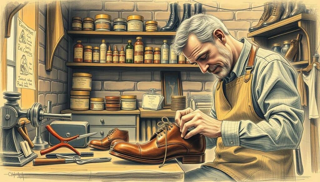 A cozy cobbler's workshop, warm lighting illuminating the scene. In the foreground, a skilled cobbler carefully stitches a worn leather shoe, his experienced hands at work. Surrounding him, a selection of neatly arranged tools - pliers, hammers, and a resoling machine. In the middle ground, shelves display an array of shoe care products, polish, and laces. The background fades into a softly rendered brick wall, hinting at the workshop's history. The image is rendered in a muted palette, with a subtle touch of color highlighting the cobbler's craft - perhaps a vibrant thread or a gleaming buckle. An atmosphere of care, tradition, and attention to detail pervades the scene. A cozy cobbler's workshop, warm lighting illuminating the scene. In the foreground, a skilled cobbler carefully stitches a worn leather shoe, his experienced hands at work. Surrounding him, a selection of neatly arranged tools - pliers, hammers, and a resoling machine. In the middle ground, shelves display an array of shoe care products, polish, and laces. The background fades into a softly rendered brick wall, hinting at the workshop's history. The image is rendered in a muted palette, with a subtle touch of color highlighting the cobbler's craft - perhaps a vibrant thread or a gleaming buckle. An atmosphere of care, tradition, and attention to detail pervades the scene.