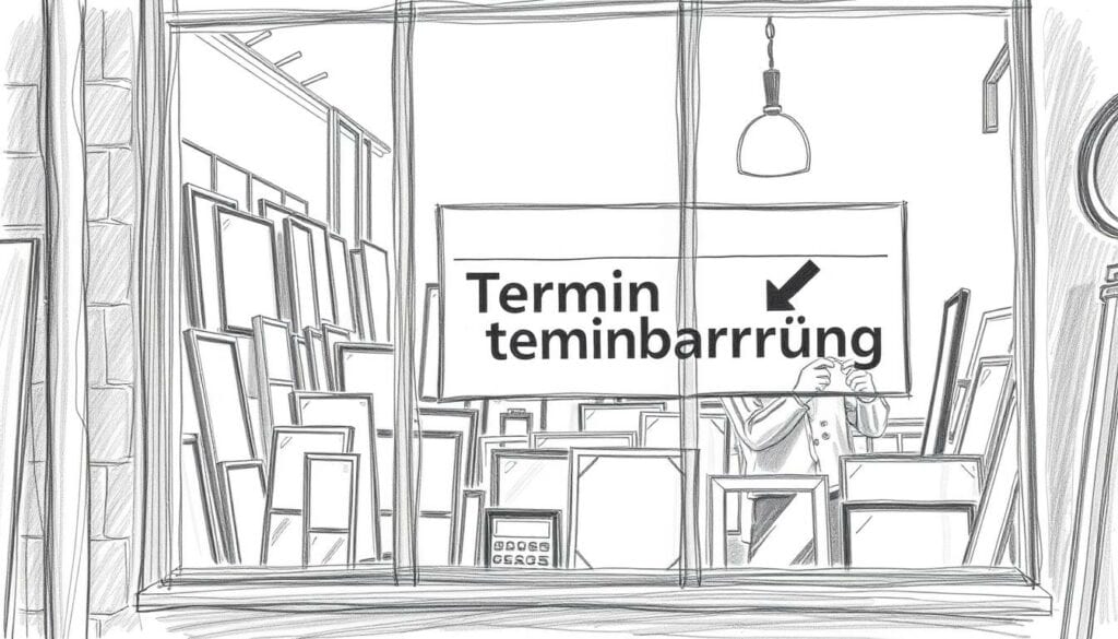 A cozy glass workshop with a large window displaying an assortment of glass panes and a 'Terminvereinbarung' sign. The scene is depicted in a detailed pencil sketch style, with a subtle touch of color highlighting the sign. The workshop interior is well-lit, creating a warm and inviting atmosphere. A glass artisan can be seen through the window, carefully inspecting a piece of glass, conveying the expertise and care taken in the repair process. The image captures the essence of a professional glass repair service, ready to assist customers with their window and door needs. A cozy glass workshop with a large window displaying an assortment of glass panes and a 'Terminvereinbarung' sign. The scene is depicted in a detailed pencil sketch style, with a subtle touch of color highlighting the sign. The workshop interior is well-lit, creating a warm and inviting atmosphere. A glass artisan can be seen through the window, carefully inspecting a piece of glass, conveying the expertise and care taken in the repair process. The image captures the essence of a professional glass repair service, ready to assist customers with their window and door needs.