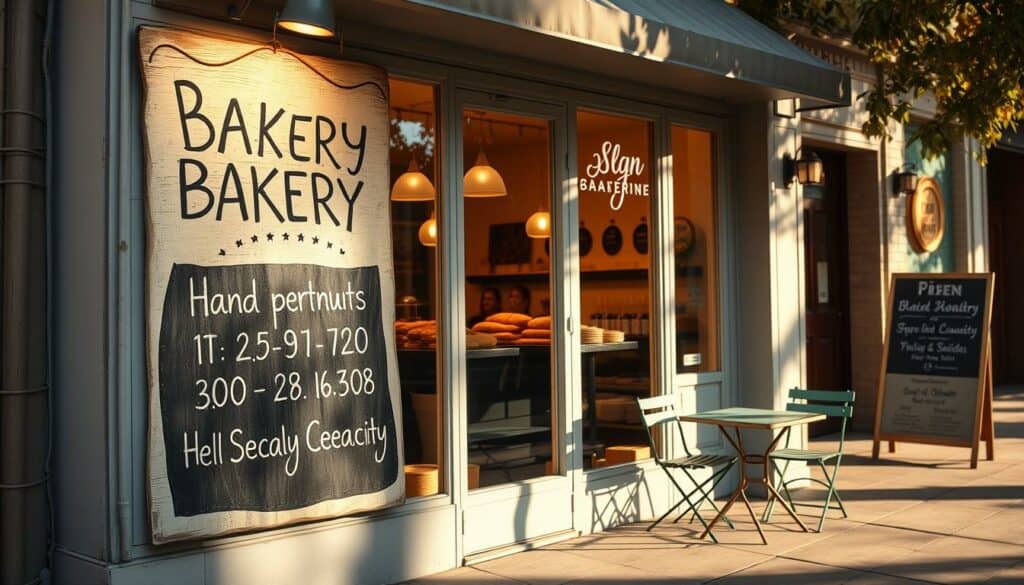 A cozy, inviting bakery storefront with a charming hand-painted sign displaying the hours of operation and seating capacity. The exterior is bathed in warm, golden light, with a display of fresh-baked breads and pastries visible through the large windows. The scene conveys a sense of neighborhood hospitality, with a few small tables and chairs arranged neatly on the sidewalk, inviting passersby to stop and enjoy a moment of respite. The composition captures the essential details a customer would need to know about this local bakery's services and amenities.
