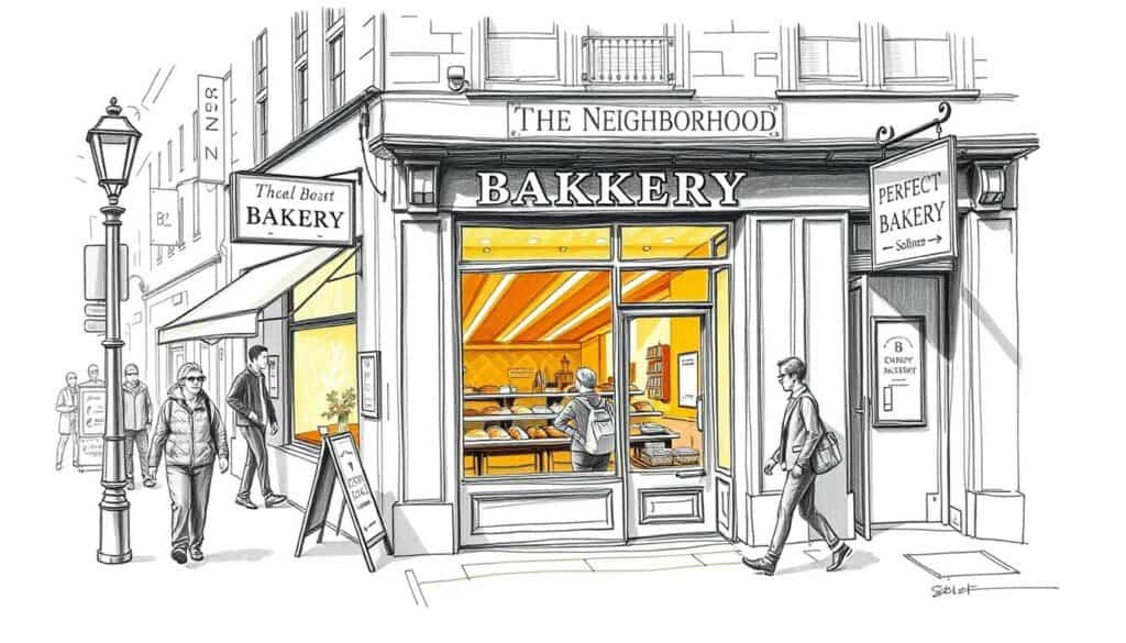 A cozy neighborhood bakery, its warm glow beckoning from the street. A charming storefront in soft pencil strokes, with a vibrant splash of color accentuating the fresh bread in the window display. Pedestrians strolling by, their figures sketched in muted tones, drawn towards the enticing aroma of just-baked pastries. Carefully composed signage points the way, guiding the viewer to the perfect local bakery, a haven of artisanal goodness in the heart of the community. A cozy neighborhood bakery, its warm glow beckoning from the street. A charming storefront in soft pencil strokes, with a vibrant splash of color accentuating the fresh bread in the window display. Pedestrians strolling by, their figures sketched in muted tones, drawn towards the enticing aroma of just-baked pastries. Carefully composed signage points the way, guiding the viewer to the perfect local bakery, a haven of artisanal goodness in the heart of the community.