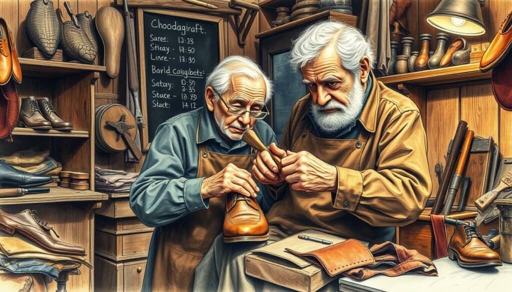 A cozy neighborhood workshop with an elderly cobbler meticulously repairing a pair of well-worn leather shoes. Warm lighting casts a soft glow, highlighting the cobbler's skilled hands as he stitches and hammers. The workshop is filled with an assortment of tools, lasts, and worn leather scraps, creating a sense of authenticity. In the background, a chalkboard displays shoe sizes and pricing, adding to the old-world charm. The scene is rendered in a muted color palette, with a subtle splash of color, perhaps a vibrant thread or a polished leather swatch, drawing the viewer's eye to the center of the frame. A cozy neighborhood workshop with an elderly cobbler meticulously repairing a pair of well-worn leather shoes. Warm lighting casts a soft glow, highlighting the cobbler's skilled hands as he stitches and hammers. The workshop is filled with an assortment of tools, lasts, and worn leather scraps, creating a sense of authenticity. In the background, a chalkboard displays shoe sizes and pricing, adding to the old-world charm. The scene is rendered in a muted color palette, with a subtle splash of color, perhaps a vibrant thread or a polished leather swatch, drawing the viewer's eye to the center of the frame.