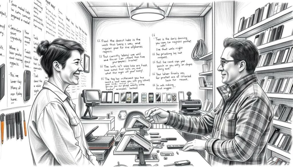 A cozy smartphone repair shop, its walls adorned with vibrant customer reviews. In the foreground, a customer smiles contentedly as a technician hands them their freshly repaired device. Soft lighting illuminates the scene, creating a warm, welcoming atmosphere. The middle ground features neatly organized tools and spare parts, conveying a sense of professionalism and attention to detail. In the background, shelves display an array of smartphone models, hinting at the shop's comprehensive repair capabilities. The entire scene is rendered in a striking pencil sketch style, with pops of color highlighting key elements, creating a visually captivating and memorable image. A cozy smartphone repair shop, its walls adorned with vibrant customer reviews. In the foreground, a customer smiles contentedly as a technician hands them their freshly repaired device. Soft lighting illuminates the scene, creating a warm, welcoming atmosphere. The middle ground features neatly organized tools and spare parts, conveying a sense of professionalism and attention to detail. In the background, shelves display an array of smartphone models, hinting at the shop's comprehensive repair capabilities. The entire scene is rendered in a striking pencil sketch style, with pops of color highlighting key elements, creating a visually captivating and memorable image.
