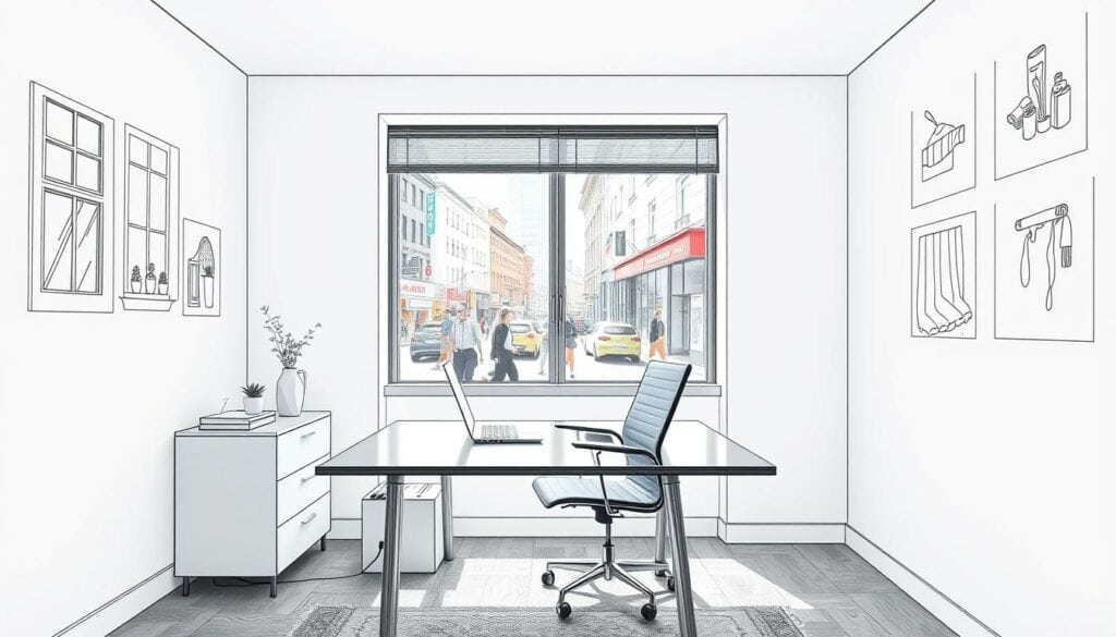 A cozy, well-lit office space, with a sleek, minimalist desk and chair. On the desk, a laptop and a few carefully arranged stationery items. In the background, a window overlooking a bustling city street, with people hurrying by. The walls are adorned with simple, elegant line drawings, each with a subtle splash of color, depicting various cleaning services - windows, carpets, and more. The overall atmosphere is one of efficiency, professionalism, and attention to detail, inviting the viewer to explore the nearby cleaning options. A cozy, well-lit office space, with a sleek, minimalist desk and chair. On the desk, a laptop and a few carefully arranged stationery items. In the background, a window overlooking a bustling city street, with people hurrying by. The walls are adorned with simple, elegant line drawings, each with a subtle splash of color, depicting various cleaning services - windows, carpets, and more. The overall atmosphere is one of efficiency, professionalism, and attention to detail, inviting the viewer to explore the nearby cleaning options.