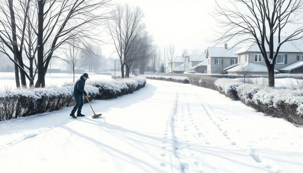 A crisp winter day, the ground blanketed in pristine white snow. In the foreground, a dedicated worker meticulously shovels and clears the path, their figure cast in a subtle wash of color against the monochrome backdrop. In the middle ground, a snow-covered sidewalk winds through the serene landscape, flanked by leafless trees reaching skyward. The background depicts a cozy residential neighborhood, the rooftops dusted with a layer of glistening snow, hinting at the warmth and comfort within. Soft, directional lighting casts long shadows, emphasizing the textures and details of the scene. The overall mood is one of industrious diligence, ensuring the safety and accessibility of the community during the winter months. A crisp winter day, the ground blanketed in pristine white snow. In the foreground, a dedicated worker meticulously shovels and clears the path, their figure cast in a subtle wash of color against the monochrome backdrop. In the middle ground, a snow-covered sidewalk winds through the serene landscape, flanked by leafless trees reaching skyward. The background depicts a cozy residential neighborhood, the rooftops dusted with a layer of glistening snow, hinting at the warmth and comfort within. Soft, directional lighting casts long shadows, emphasizing the textures and details of the scene. The overall mood is one of industrious diligence, ensuring the safety and accessibility of the community during the winter months.