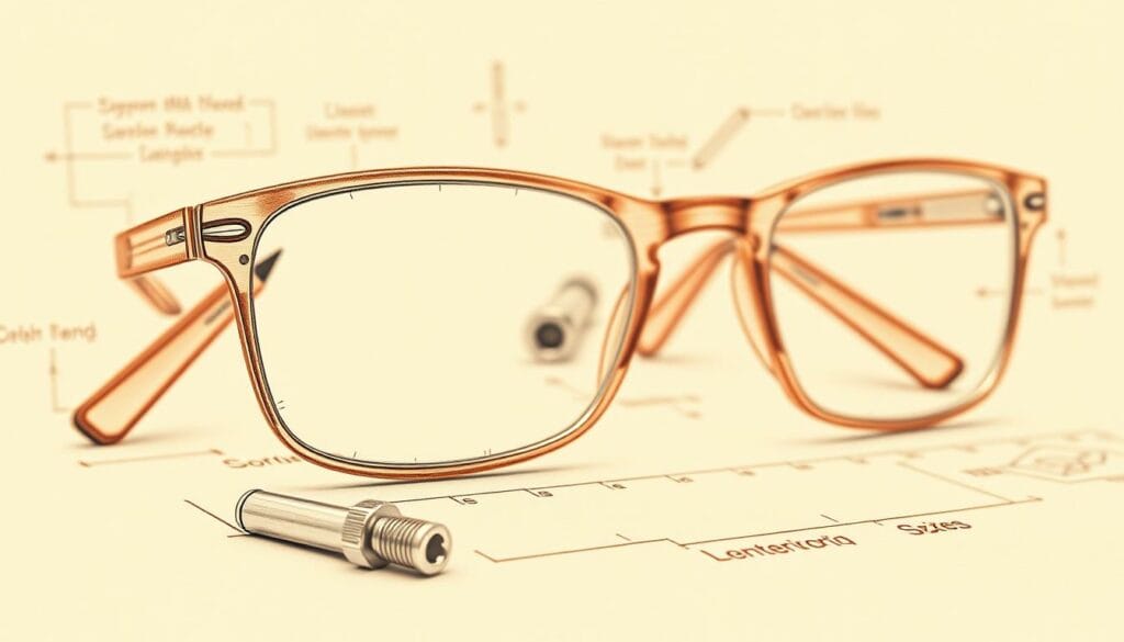 A detailed blueprint of a pair of eyeglasses, rendered in a muted pencil sketch with a subtle splash of color. The frame is highlighted in a warm sepia tone, emphasizing its intricate design and sturdy construction. In the foreground, the temple hinges and screws are meticulously drawn, showcasing the inner workings of the glasses. The lenses are depicted in a cool, bluish hue, suggesting the clarity and precision of the optical components. The background features a soft, blurred backdrop, allowing the focal point to remain on the repair-ready eyewear. The overall aesthetic conveys a sense of expertise, attention to detail, and the reliable service of an optician's workshop.