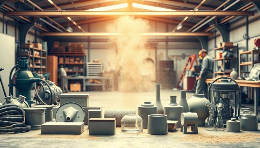 A detailed blueprint of various sandblasting services and their associated costs, showcased in a well-lit, industrial-style setting. The foreground features an array of sandblasting equipment, hoses, and protective gear, meticulously arranged to convey the technical nature of the process. The middle ground depicts a series of sandblasted objects, ranging from metal surfaces to glass and ceramics, highlighting the versatility of the technique. The background offers a glimpse of a workshop environment, complete with shelves, workbenches, and the faint silhouettes of workers, all bathed in a soft, warm lighting that creates a sense of professionalism and expertise. The overall composition aims to provide a comprehensive visual representation of the costs and scope of sandblasting services. A detailed blueprint of various sandblasting services and their associated costs, showcased in a well-lit, industrial-style setting. The foreground features an array of sandblasting equipment, hoses, and protective gear, meticulously arranged to convey the technical nature of the process. The middle ground depicts a series of sandblasted objects, ranging from metal surfaces to glass and ceramics, highlighting the versatility of the technique. The background offers a glimpse of a workshop environment, complete with shelves, workbenches, and the faint silhouettes of workers, all bathed in a soft, warm lighting that creates a sense of professionalism and expertise. The overall composition aims to provide a comprehensive visual representation of the costs and scope of sandblasting services.