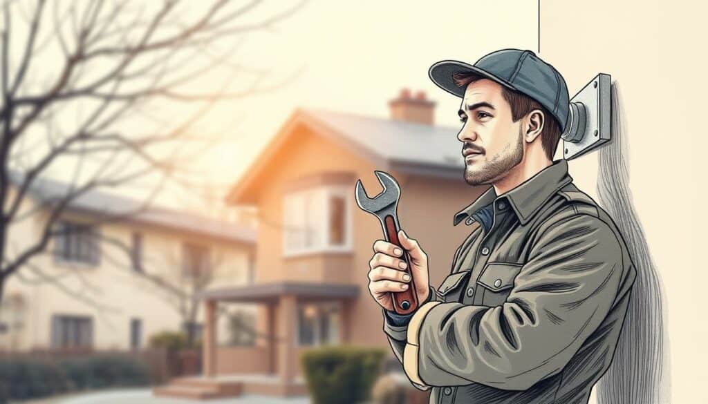 A detailed, hand-drawn illustration depicting a heating technician, showcased in the foreground against a softly blurred urban backdrop. The technician, dressed in a uniform, is holding a wrench and examining a home's heating system. The illustration features a muted color palette with subtle, strategic pops of color to highlight the key elements. The overall composition conveys a sense of professionalism, expertise, and availability to assist with emergency heating services in the local community. A detailed, hand-drawn illustration depicting a heating technician, showcased in the foreground against a softly blurred urban backdrop. The technician, dressed in a uniform, is holding a wrench and examining a home's heating system. The illustration features a muted color palette with subtle, strategic pops of color to highlight the key elements. The overall composition conveys a sense of professionalism, expertise, and availability to assist with emergency heating services in the local community.