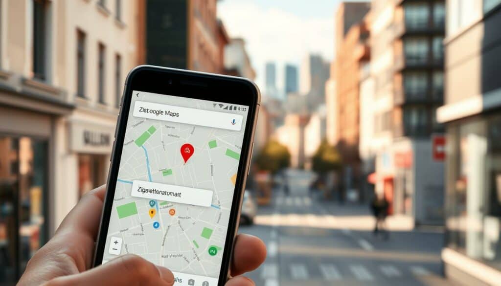 A detailed illustration of a Google Maps search for a nearby cigarette vending machine. The foreground depicts a smartphone screen displaying the Google Maps interface, with the user's location pinpointed and the search query "Zigarettenautomat" visible. The middle ground shows a city street with various buildings and storefronts, and the background features a softly blurred urban skyline. The scene is captured with a shallow depth of field, creating a sense of focus on the smartphone screen. The lighting is natural and warm, lending a welcoming atmosphere to the image. The overall composition emphasizes the ease of locating a cigarette vending machine using the ubiquitous Google Maps application. A detailed illustration of a Google Maps search for a nearby cigarette vending machine. The foreground depicts a smartphone screen displaying the Google Maps interface, with the user's location pinpointed and the search query "Zigarettenautomat" visible. The middle ground shows a city street with various buildings and storefronts, and the background features a softly blurred urban skyline. The scene is captured with a shallow depth of field, creating a sense of focus on the smartphone screen. The lighting is natural and warm, lending a welcoming atmosphere to the image. The overall composition emphasizes the ease of locating a cigarette vending machine using the ubiquitous Google Maps application.