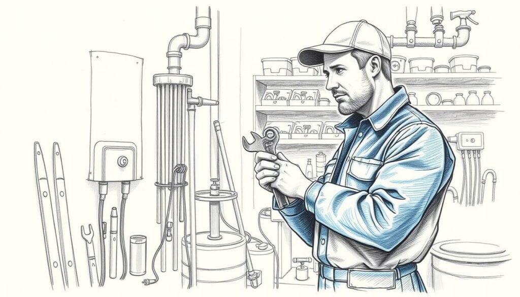 A detailed pencil sketch of a male plumber, dressed in a blue uniform, with a wrench in hand, carefully examining a residential heating system. The middle ground features tools and equipment, while the background depicts a neatly organized workshop with shelves of spare parts. The scene conveys an atmosphere of professionalism and attention to detail, with a subtle touch of color, perhaps in the form of a safety vest or a tool. The lighting is soft and natural, highlighting the plumber's focused expression as he makes an informed decision about the appropriate course of action for the repair. A detailed pencil sketch of a male plumber, dressed in a blue uniform, with a wrench in hand, carefully examining a residential heating system. The middle ground features tools and equipment, while the background depicts a neatly organized workshop with shelves of spare parts. The scene conveys an atmosphere of professionalism and attention to detail, with a subtle touch of color, perhaps in the form of a safety vest or a tool. The lighting is soft and natural, highlighting the plumber's focused expression as he makes an informed decision about the appropriate course of action for the repair.