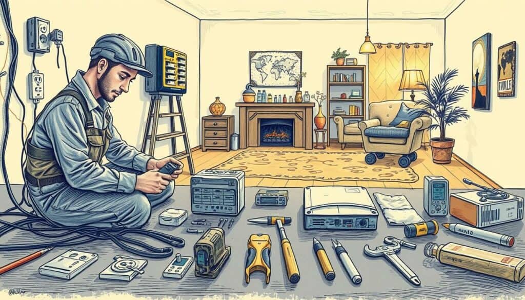 A detailed technical illustration showcasing electrical installation services in a residential setting. The foreground depicts a skilled electrician performing various tasks such as wiring, installing outlets, and inspecting circuit breakers. The middle ground features various electrical components and tools laid out neatly, conveying a sense of professionalism and expertise. The background showcases a cozy, well-lit interior with warm lighting, hinting at the comfort and safety provided by reliable electrical work. The entire scene is rendered in a soft, hand-drawn style with muted tones, save for strategic pops of color highlighting key elements. The overall mood is one of competence, reliability, and attention to detail. A detailed technical illustration showcasing electrical installation services in a residential setting. The foreground depicts a skilled electrician performing various tasks such as wiring, installing outlets, and inspecting circuit breakers. The middle ground features various electrical components and tools laid out neatly, conveying a sense of professionalism and expertise. The background showcases a cozy, well-lit interior with warm lighting, hinting at the comfort and safety provided by reliable electrical work. The entire scene is rendered in a soft, hand-drawn style with muted tones, save for strategic pops of color highlighting key elements. The overall mood is one of competence, reliability, and attention to detail.