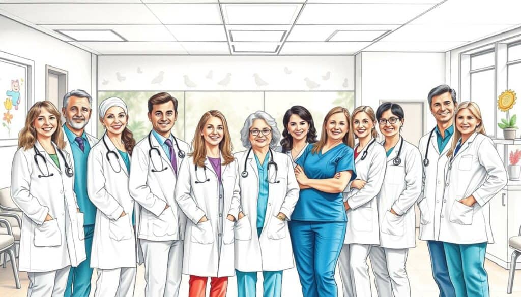 A friendly team of pediatric healthcare professionals gathered in a warm, inviting pediatric clinic. In the foreground, a diverse group of doctors, nurses, and staff members stand together, their expressions kind and welcoming. They are dressed in clean, crisp medical attire, conveying a sense of professionalism and expertise. In the middle ground, the clinic's waiting area is visible, with comfortable seating and whimsical decor aimed at making young patients feel at ease. The background features a softly blurred scene of the examination rooms, hinting at the high-quality medical care provided. The entire image is rendered in a delicate pencil sketch style, with subtle pops of color highlighting the team's compassionate demeanor. A friendly team of pediatric healthcare professionals gathered in a warm, inviting pediatric clinic. In the foreground, a diverse group of doctors, nurses, and staff members stand together, their expressions kind and welcoming. They are dressed in clean, crisp medical attire, conveying a sense of professionalism and expertise. In the middle ground, the clinic's waiting area is visible, with comfortable seating and whimsical decor aimed at making young patients feel at ease. The background features a softly blurred scene of the examination rooms, hinting at the high-quality medical care provided. The entire image is rendered in a delicate pencil sketch style, with subtle pops of color highlighting the team's compassionate demeanor.