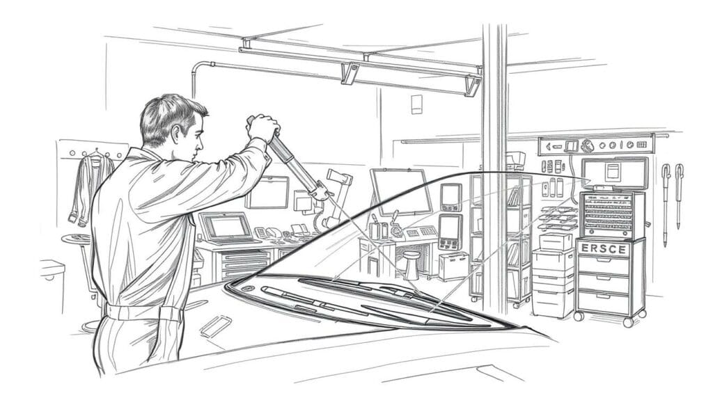 A high-quality auto glass service center, showcased in a detailed pencil sketch with a subtle pop of color. In the foreground, a skilled technician expertly replaces a windshield, their careful movements captured in precise lines. The middle ground features an array of specialized tools and equipment, meticulously rendered to convey the professionalism of the establishment. In the background, a warm, inviting interior with muted tones and clean lines sets the mood for a trusted, reliable auto glass service experience. Soft lighting casts gentle shadows, adding depth and dimension to the scene. The overall composition emphasizes the attention to detail, quality workmanship, and customer-centric approach that defines an outstanding auto glass service. A high-quality auto glass service center, showcased in a detailed pencil sketch with a subtle pop of color. In the foreground, a skilled technician expertly replaces a windshield, their careful movements captured in precise lines. The middle ground features an array of specialized tools and equipment, meticulously rendered to convey the professionalism of the establishment. In the background, a warm, inviting interior with muted tones and clean lines sets the mood for a trusted, reliable auto glass service experience. Soft lighting casts gentle shadows, adding depth and dimension to the scene. The overall composition emphasizes the attention to detail, quality workmanship, and customer-centric approach that defines an outstanding auto glass service.