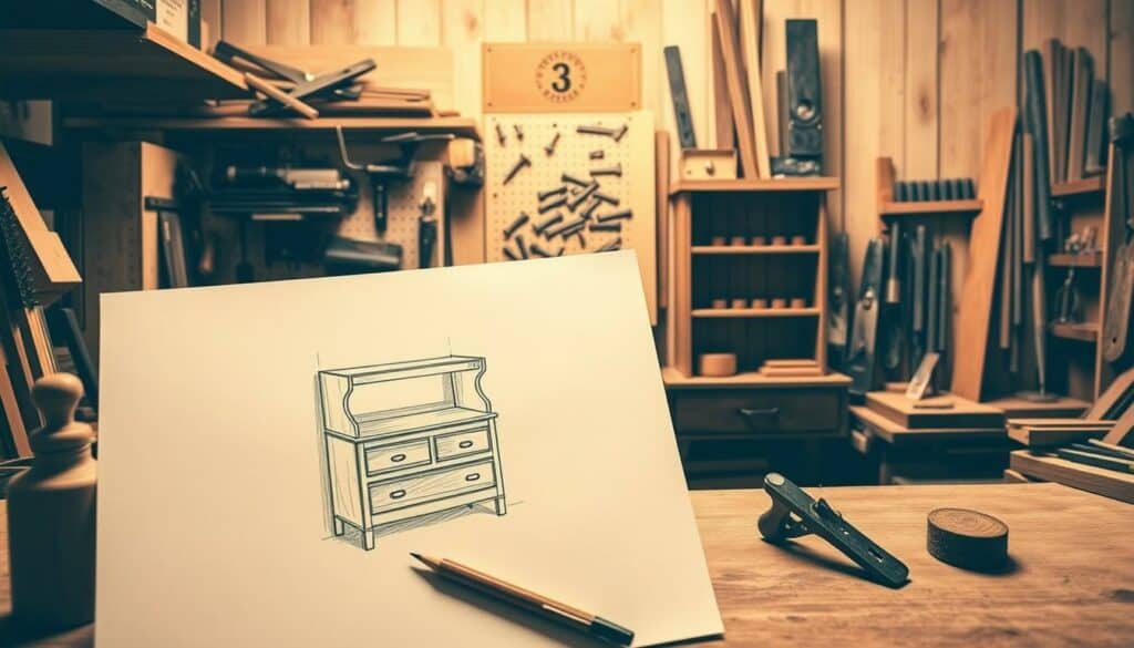 A meticulously crafted workshop, filled with the tools of the trade - planes, chisels, and saws, all neatly arranged. In the foreground, a detailed pencil sketch of a custom-designed cabinet, its intricate joinery and elegant lines hinting at the specialized skills of the master craftsman. A warm, muted color palette bathes the scene, creating a sense of tranquility and focus. Soft directional lighting casts subtle shadows, accentuating the textures of the wood and the precision of the workmanship. This image captures the essence of a Tischler Spezialisierung - a dedicated woodworker's domain, where creativity and technical mastery converge to produce exceptional, tailored furniture. A meticulously crafted workshop, filled with the tools of the trade - planes, chisels, and saws, all neatly arranged. In the foreground, a detailed pencil sketch of a custom-designed cabinet, its intricate joinery and elegant lines hinting at the specialized skills of the master craftsman. A warm, muted color palette bathes the scene, creating a sense of tranquility and focus. Soft directional lighting casts subtle shadows, accentuating the textures of the wood and the precision of the workmanship. This image captures the essence of a Tischler Spezialisierung - a dedicated woodworker's domain, where creativity and technical mastery converge to produce exceptional, tailored furniture.