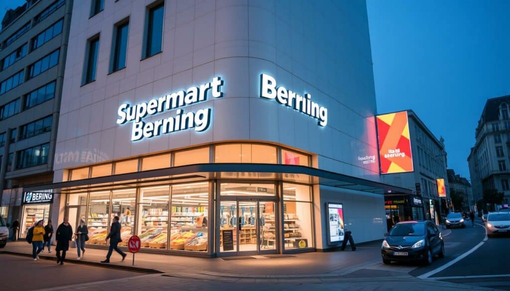A modern and well-lit supermarket building, with a prominent sign reading "Supermarkt Berning" above the entrance. The storefront features large display windows showcasing the store's offerings. The surrounding area is a bustling urban streetscape, with pedestrians and vehicles moving through the scene. The building is situated on a corner, allowing for visibility from multiple angles. The overall atmosphere conveys a sense of convenience, accessibility, and a pleasant shopping experience. The lighting is bright and even, highlighting the clean, contemporary design of the supermarket. A wide, well-paved sidewalk leads to the entrance, making the store easily accessible for customers. A modern and well-lit supermarket building, with a prominent sign reading "Supermarkt Berning" above the entrance. The storefront features large display windows showcasing the store's offerings. The surrounding area is a bustling urban streetscape, with pedestrians and vehicles moving through the scene. The building is situated on a corner, allowing for visibility from multiple angles. The overall atmosphere conveys a sense of convenience, accessibility, and a pleasant shopping experience. The lighting is bright and even, highlighting the clean, contemporary design of the supermarket. A wide, well-paved sidewalk leads to the entrance, making the store easily accessible for customers.