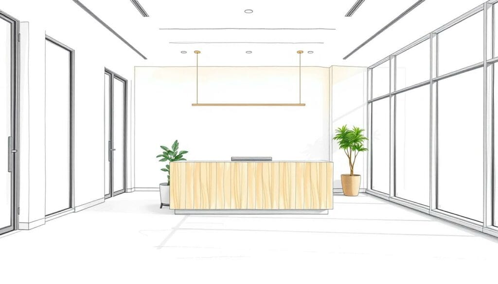 A modern, minimalist office interior with a sleek, minimalist reception desk. The walls are a crisp white, with a calming, neutral color palette throughout. Elegant lighting fixtures cast a warm, inviting glow, and large windows flood the space with natural light. The front desk is made of a light, natural wood, with a simple, modern design. A small potted plant adds a touch of greenery, complementing the overall serene atmosphere. The scene is rendered in a delicate pencil sketch style, with muted, pastel color accents highlighting key details. A modern, minimalist office interior with a sleek, minimalist reception desk. The walls are a crisp white, with a calming, neutral color palette throughout. Elegant lighting fixtures cast a warm, inviting glow, and large windows flood the space with natural light. The front desk is made of a light, natural wood, with a simple, modern design. A small potted plant adds a touch of greenery, complementing the overall serene atmosphere. The scene is rendered in a delicate pencil sketch style, with muted, pastel color accents highlighting key details.