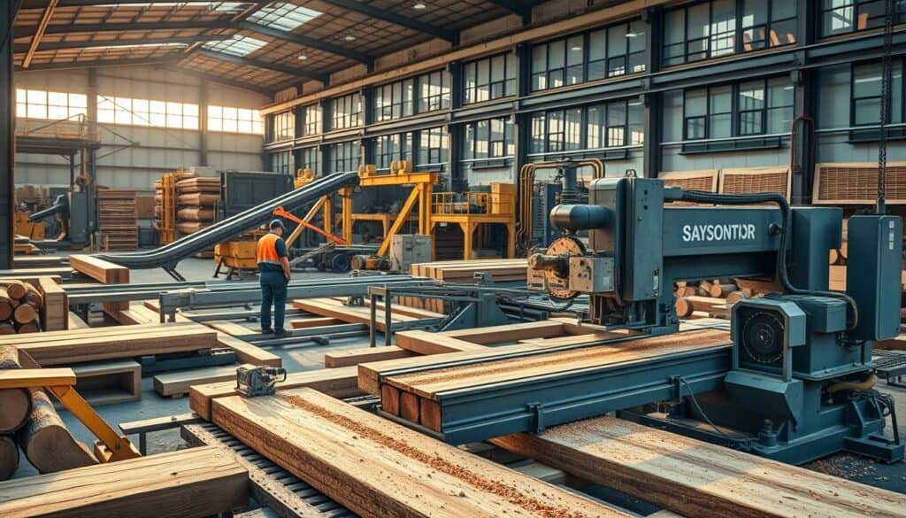 A modern sawmill in full operation, showcasing the latest advancements in sawing technology. In the foreground, a powerful bandsaw effortlessly slices through thick timber, with precision-engineered blades and a sturdy frame. The middle ground reveals a complex network of conveyor belts, automated sorting systems, and hydraulic log loaders, all working in harmony to optimize the workflow. In the background, a towering, multi-story sawmill building with large windows and a clean, industrial aesthetic, bathed in warm, diffused lighting that casts long shadows across the scene. The overall atmosphere conveys a sense of efficiency, innovation, and the seamless integration of man and machine in the pursuit of sustainable timber processing.