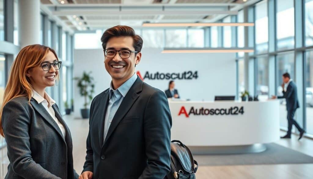 A modern, well-designed office space for the Autoscout24 customer service team. In the foreground, a customer service representative in a professional outfit is assisting a customer with a warm, friendly expression. The middle ground features a clean, minimalist reception desk with the Autoscout24 logo prominently displayed. The background showcases floor-to-ceiling windows, allowing natural light to flood the space and create an airy, welcoming atmosphere. The color palette is a harmonious blend of Autoscout24's brand colors, with accents of blues, grays, and whites. The overall scene conveys a sense of efficiency, professionalism, and a customer-centric focus.